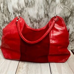Plinio Visona Vibrant Pink Leather Shoulder Bag Red Suede Panel Large Hobo